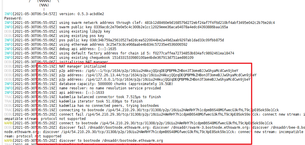 bee版本0.5.3无法启动，以太坊swarm新建bzz节点用自定义节点握手启动